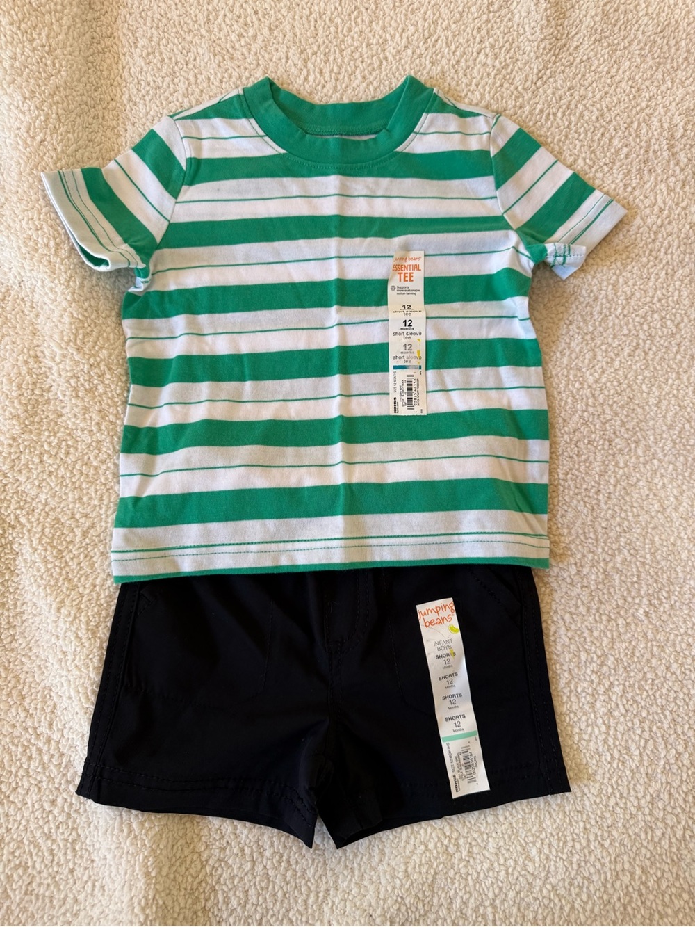 Striped Green & White baby T-Shirt & black shorts- jumping beans 9-12 month new!
